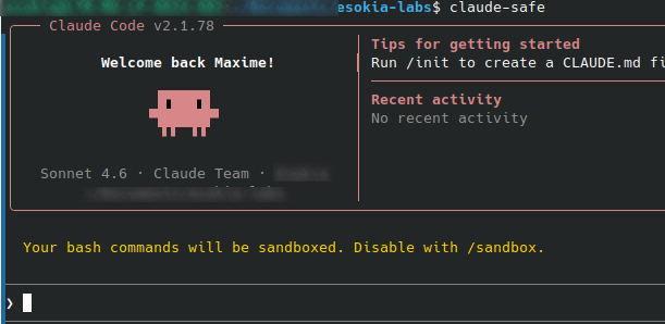 Claude Code v2.1.78 startup screen inside claude-safe, showing the native sandbox active: “Your bash commands will be sandboxed. Disable with /sandbox.”