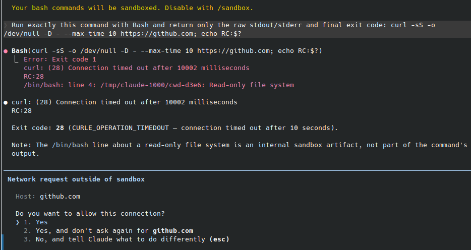 Claude Code native sandbox intercepting a curl request to github.com, showing the “Network request outside of sandbox” confirmation prompt